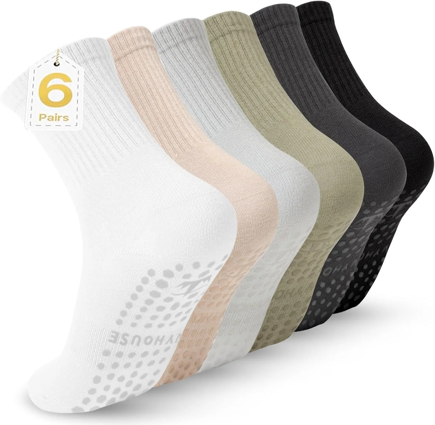 Pilates Yoga Socks with Grips for Women - Crew Length Ballet Barre Socks - Sticky Workout Hospital Socks