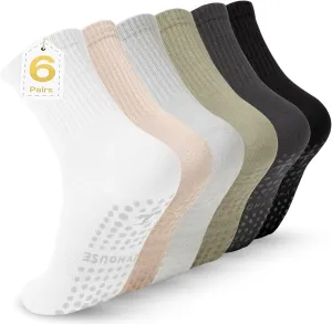 Pilates Yoga Socks with Grips for Women - Crew Length Ballet Barre Socks - Sticky Workout Hospital Socks