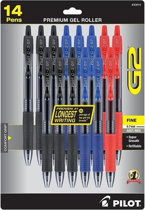 Pilot, G2 Premium Gel Roller Pens, Fine Point 0.7 mm, Blue, Black, Red, Pack of 14