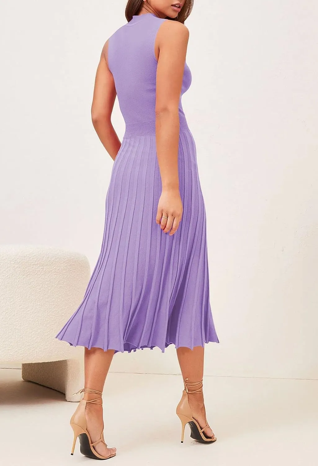 Pink Queen Women's Crew Neck Sleeveless High Waisted Bodycon Pleated Ribbed Swing Knit Midi Dresses