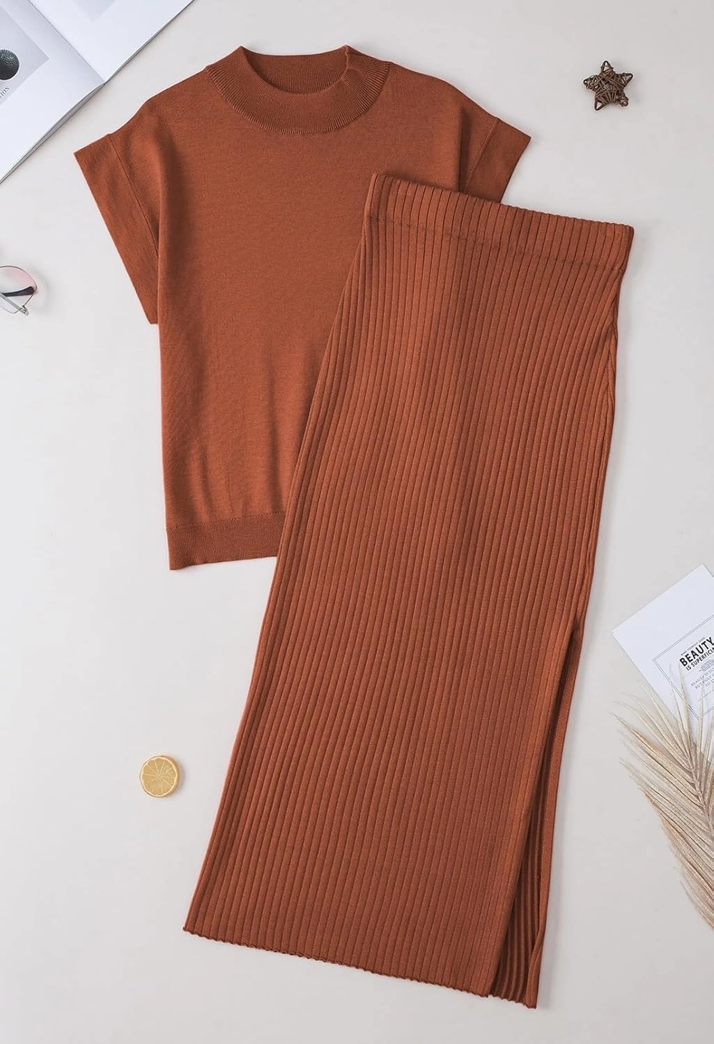 Pink Queen Women's 2 Piece Sweater Outfits Set Summer Cap Sleeve Tops Bodycon Maxi Long Skirt Knit Dresses