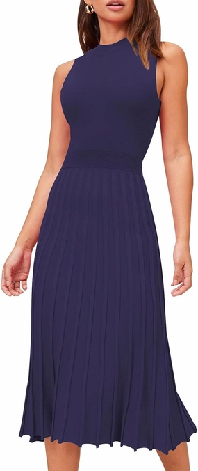 Pink Queen Women's Crew Neck Sleeveless High Waisted Bodycon Pleated Ribbed Swing Knit Midi Dresses