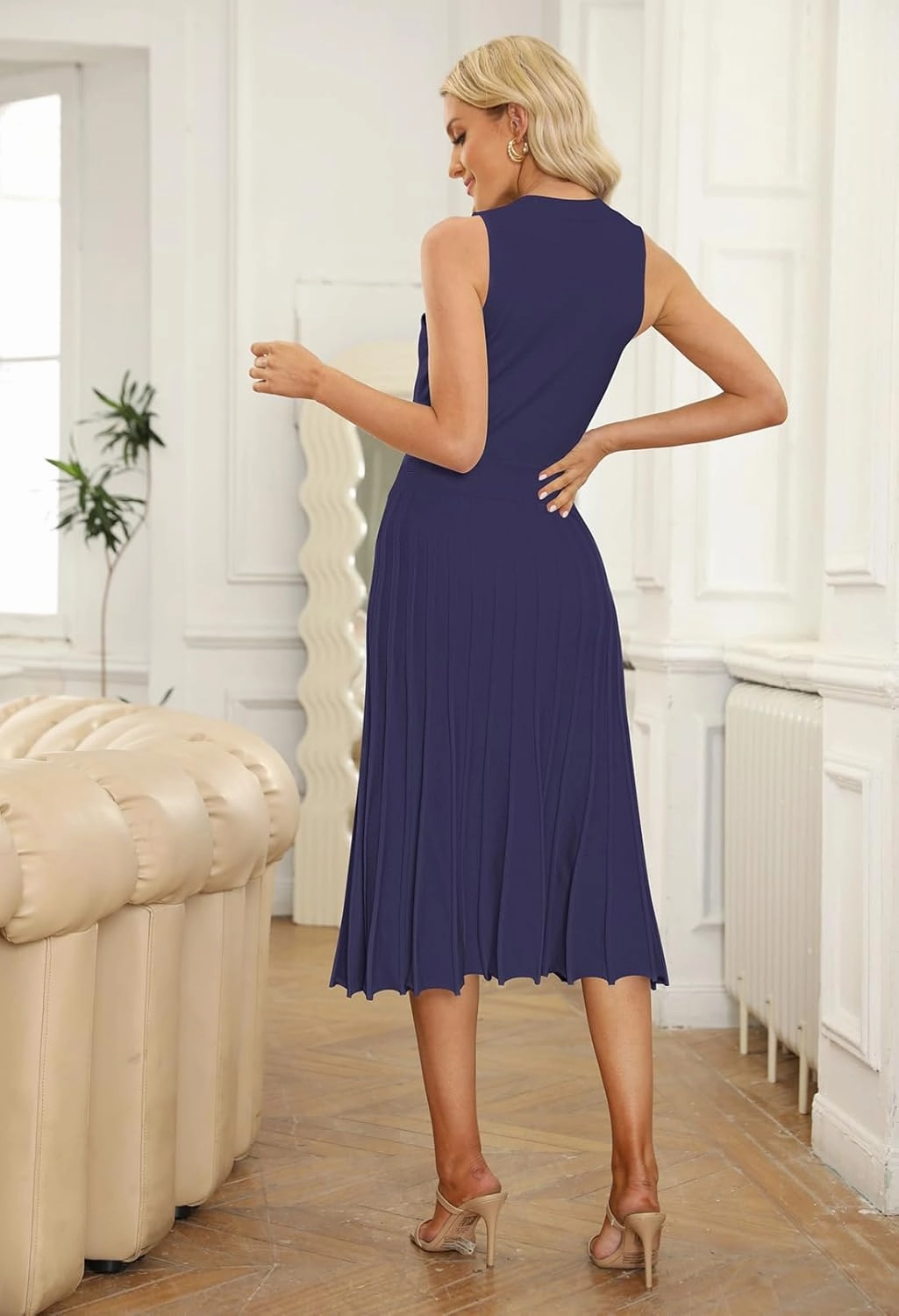 Pink Queen Women's Crew Neck Sleeveless High Waisted Bodycon Pleated Ribbed Swing Knit Midi Dresses