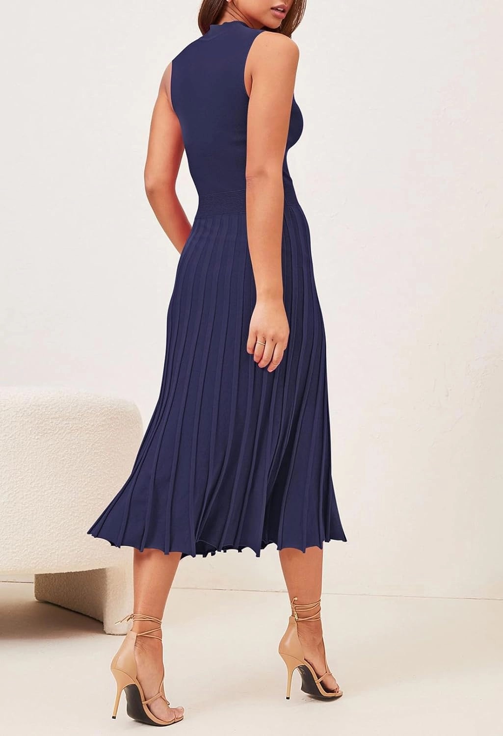 Pink Queen Women's Crew Neck Sleeveless High Waisted Bodycon Pleated Ribbed Swing Knit Midi Dresses