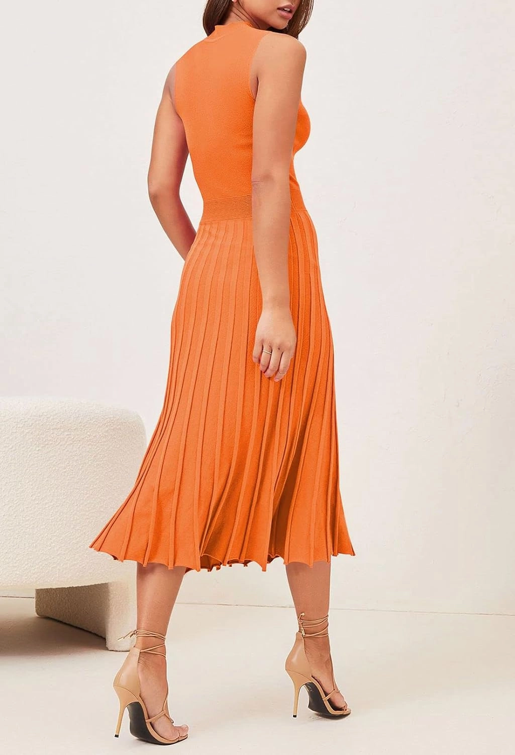 Pink Queen Women's Crew Neck Sleeveless High Waisted Bodycon Pleated Ribbed Swing Knit Midi Dresses