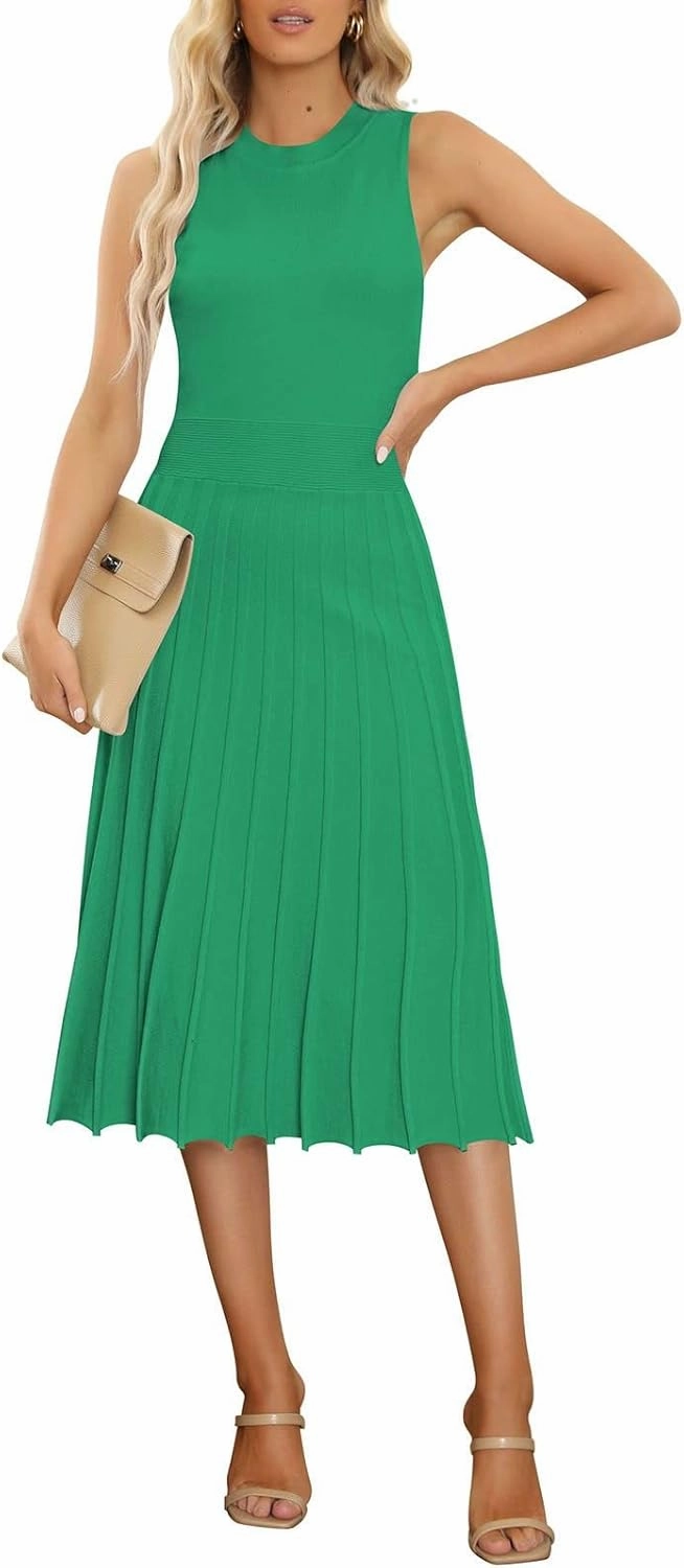 Pink Queen Women's Crew Neck Sleeveless High Waisted Bodycon Pleated Ribbed Swing Knit Midi Dresses