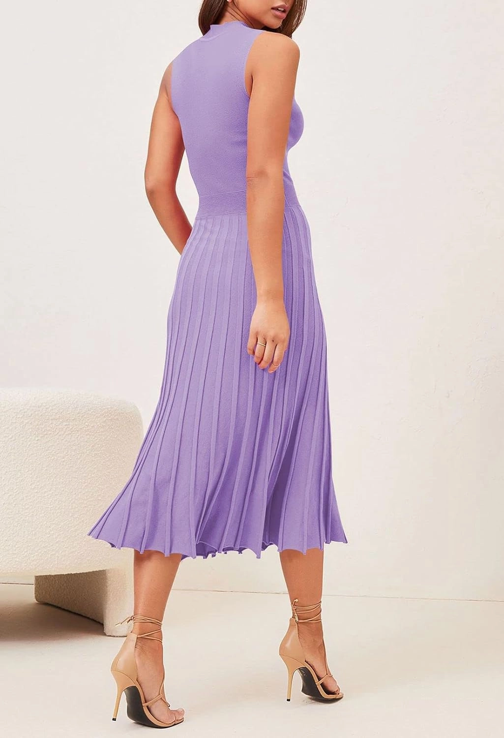 Pink Queen Women's Crew Neck Sleeveless High Waisted Bodycon Pleated Ribbed Swing Knit Midi Dresses