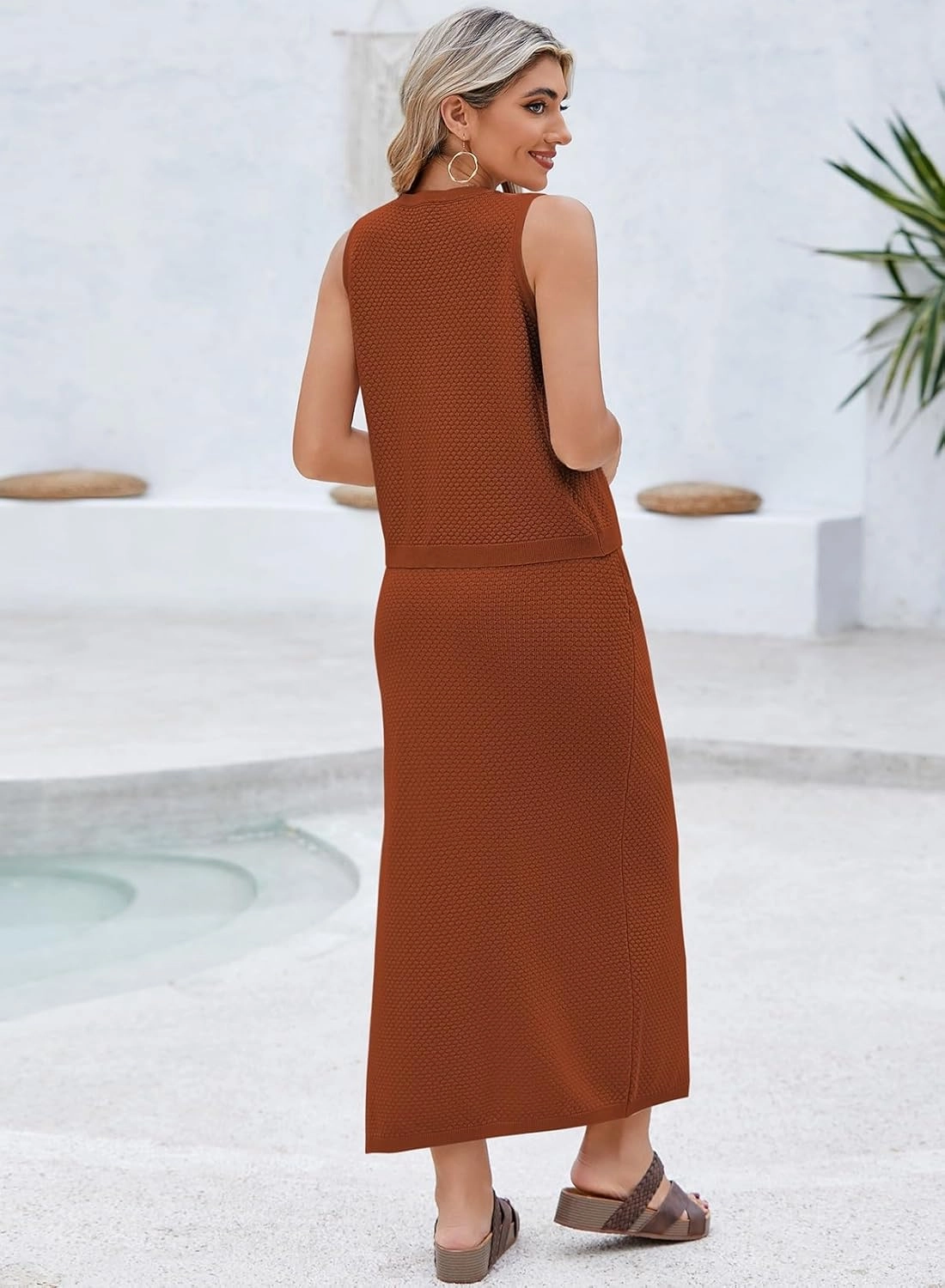 Pink Queen Women's Summer 2 Piece Outfit Set V Neck Button Crop Tank Top Vest Bodycon Maxi Long Skirt Waffle Knit Dress