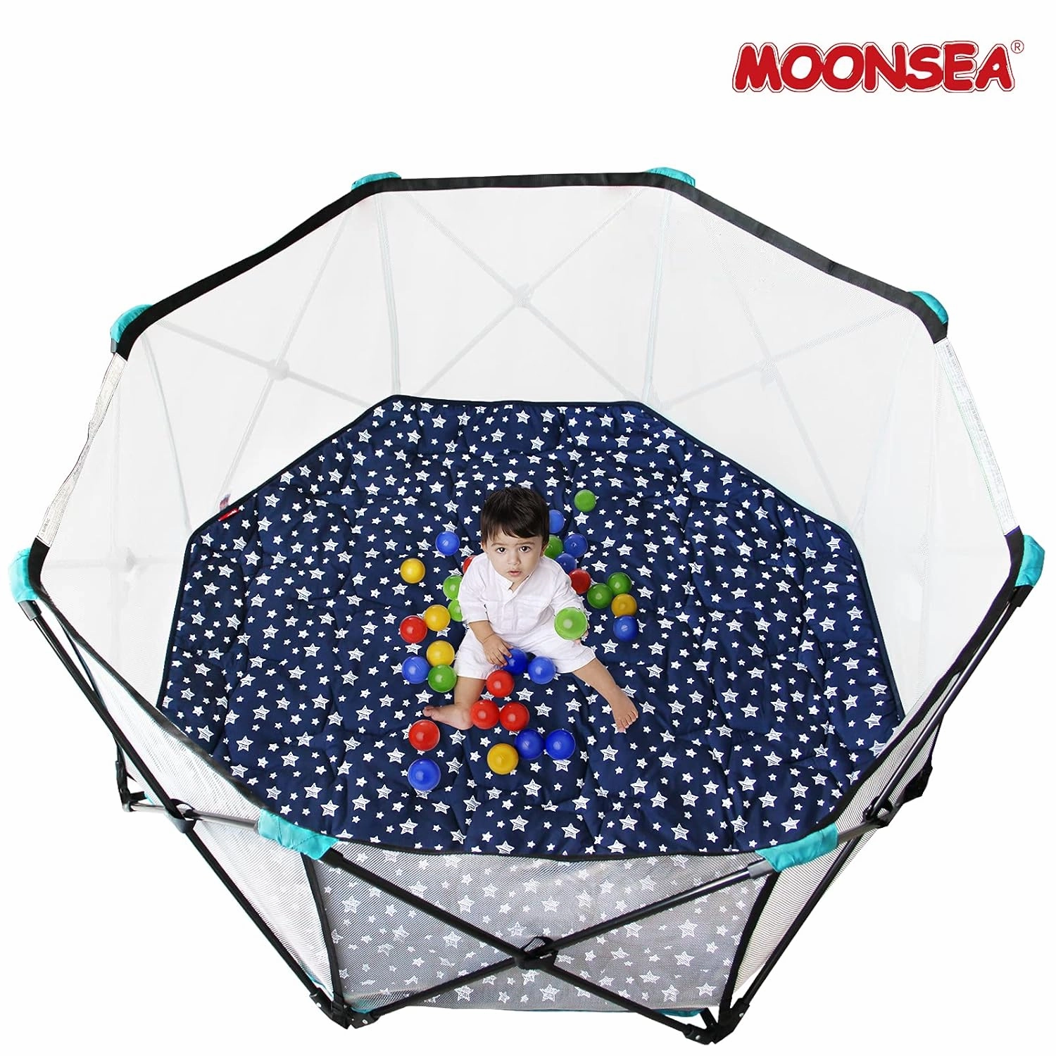 Playpen Mat 8 Panel Navy Fits for Regalo My Play Deluxe Extra Large Portable Play Yard, Non Slip Baby Octagon Playpen Mattress Pad, Navy Star Print Playard Pad
