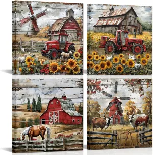 PoGoXiPoYo 4 Panel Rustic Farmhouse Canvas Wall Art Red Barn Windmills Truck Horse Highland Cow Sheep Watercolor Painting Country Landscape Western Wall Decor for Kitchen Living Room 12x12inchx4