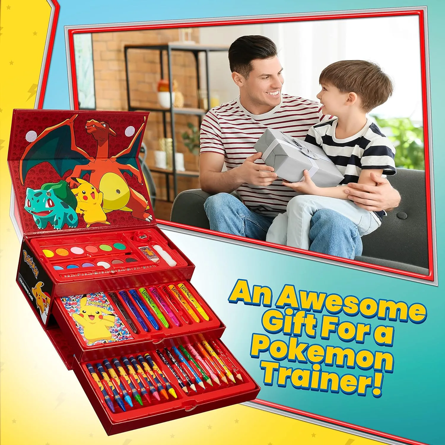 Pokemon Art Supplies for Kids, 40  Pcs, Painting Coloring Set Travel Case - Gifts for Kids (Black/Red)