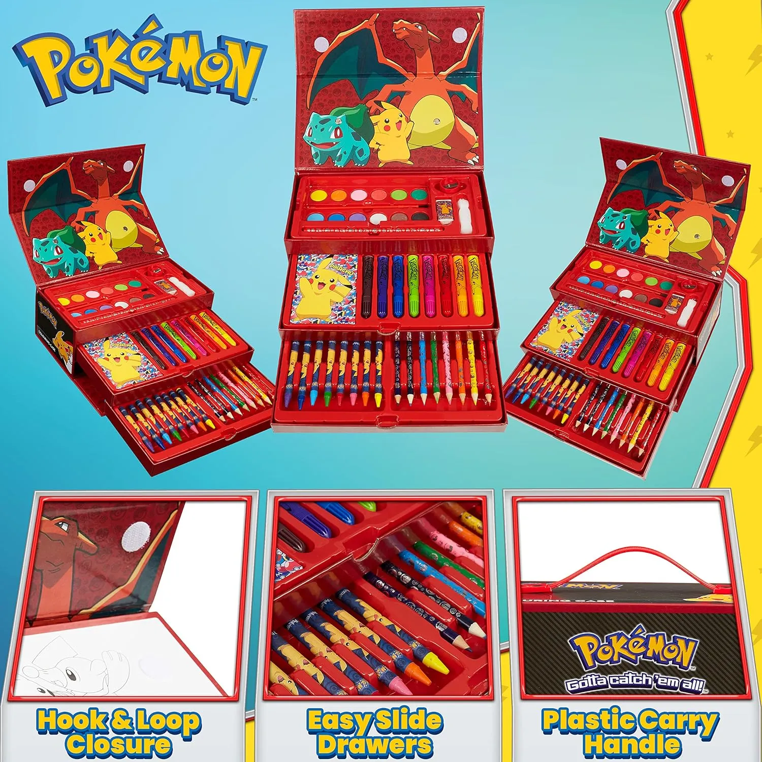Pokemon Art Supplies for Kids, 40  Pcs, Painting Coloring Set Travel Case - Gifts for Kids (Black/Red)