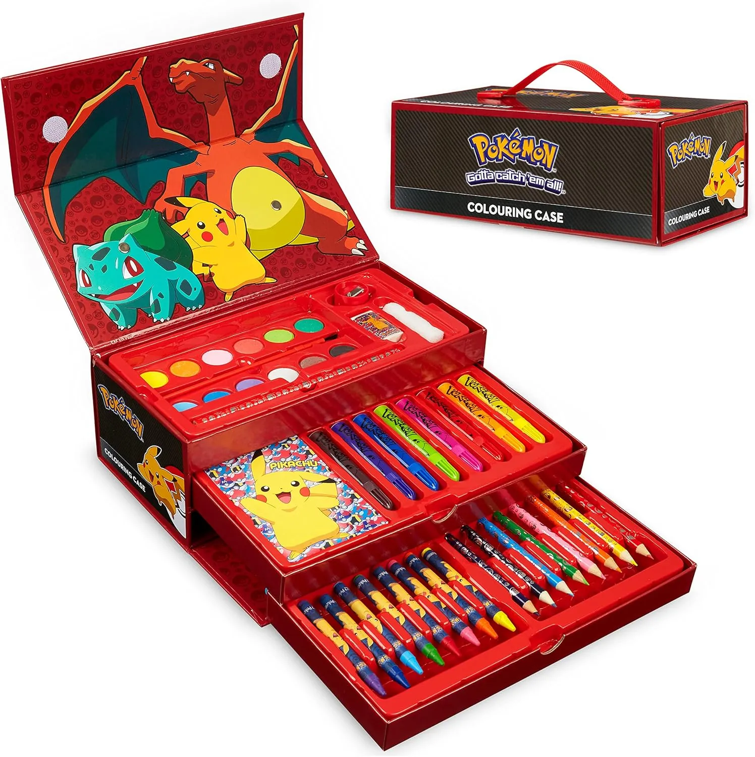 Pokemon Art Supplies for Kids, 40  Pcs, Painting Coloring Set Travel Case - Gifts for Kids (Black/Red)