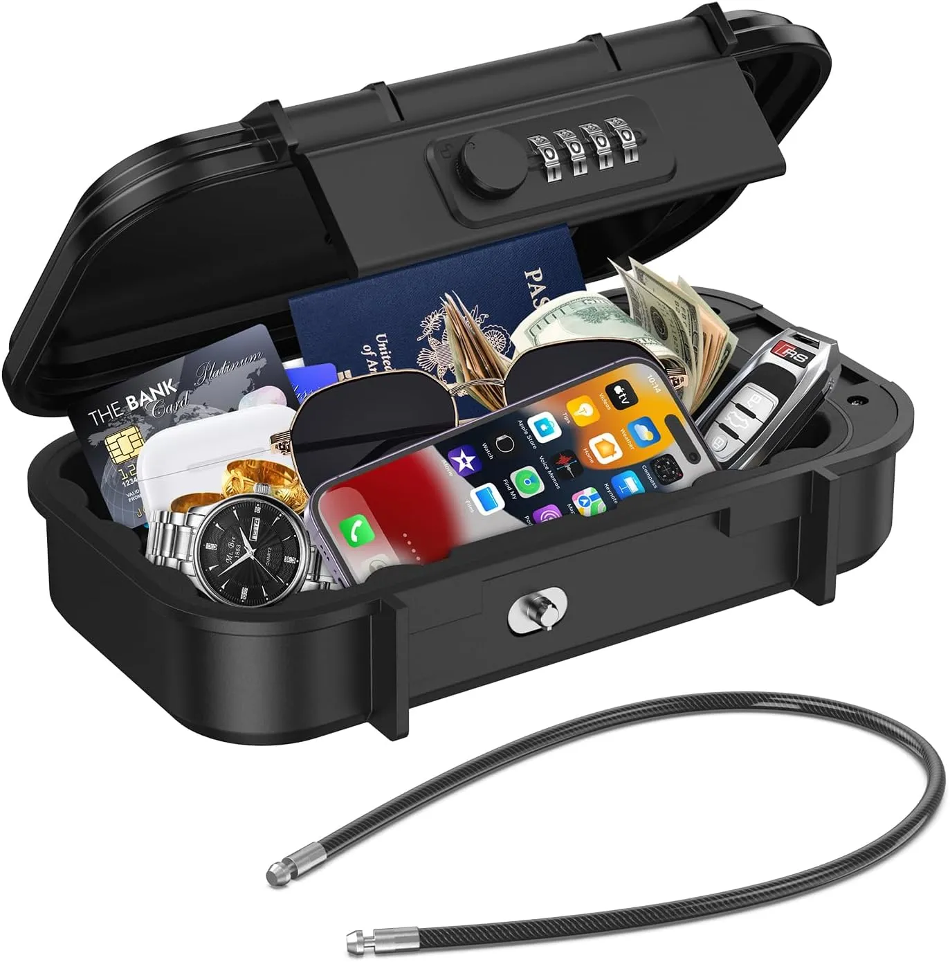 Portable Safe Box, Combination Lock Box with 4-Digit, Anti-Theft Travel Cash Box Featuring Detachable Chain for Gym, Hotel, Dorm, and Travel Use
