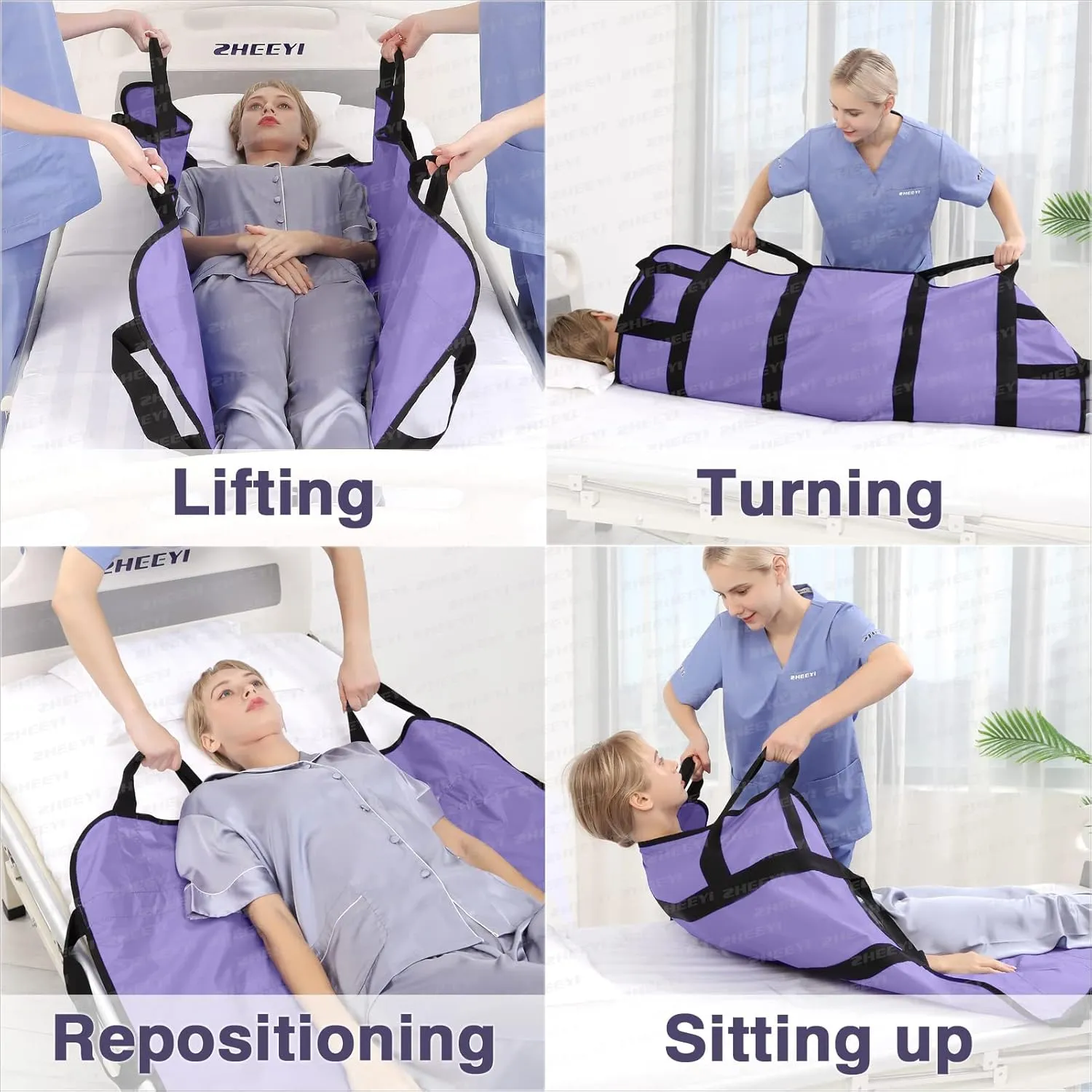 Positioning Bed Pad with Reinforced Handles 43" x 36" Patient Transfer Sheet Aid Assistant for Body Lifting, Turning, Repositioning, for Elderly, Incontinence, Caregiver, Purple