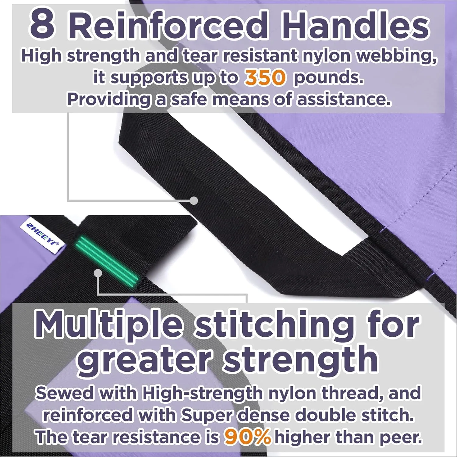 Positioning Bed Pad with Reinforced Handles 43" x 36" Patient Transfer Sheet Aid Assistant for Body Lifting, Turning, Repositioning, for Elderly, Incontinence, Caregiver, Purple