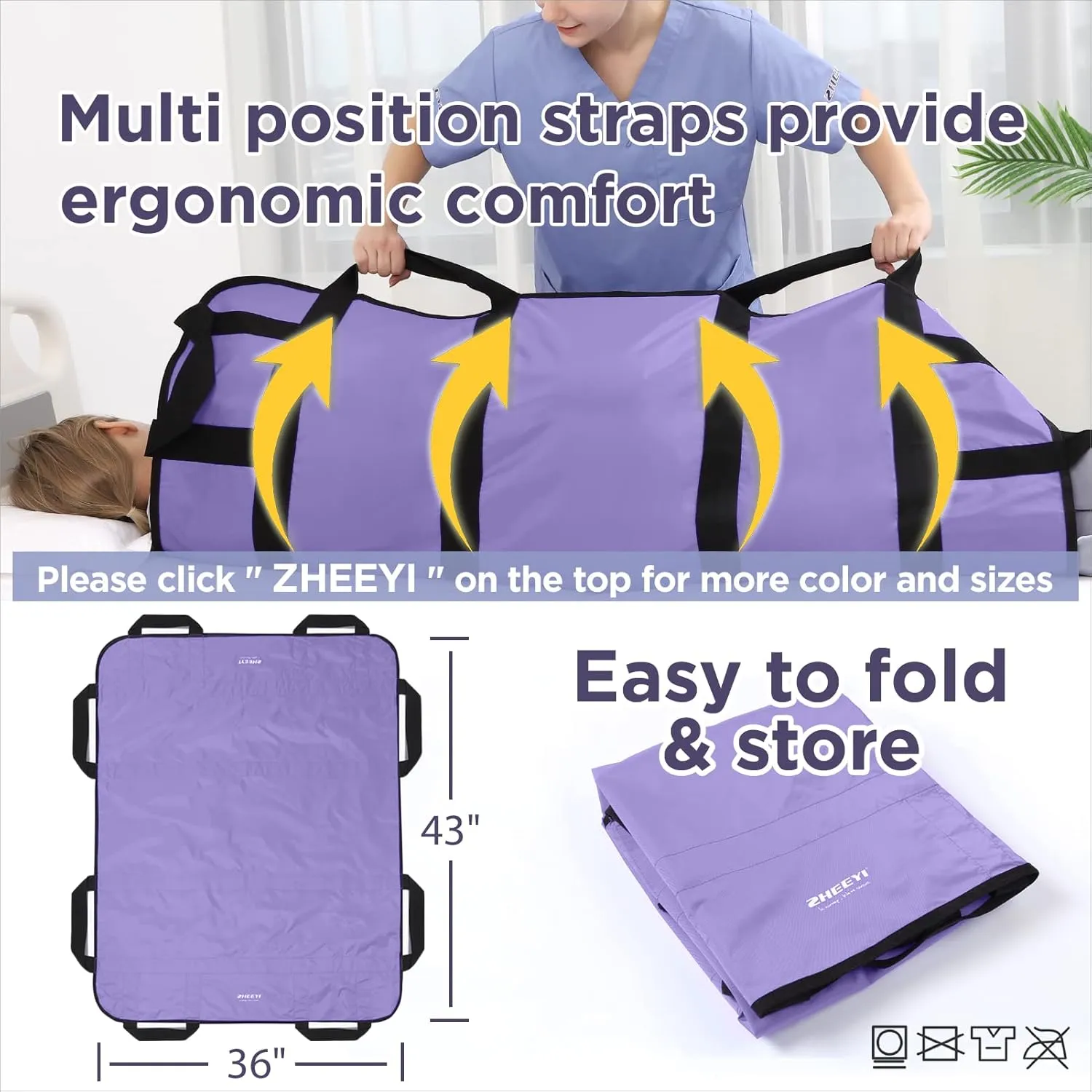 Positioning Bed Pad with Reinforced Handles 43" x 36" Patient Transfer Sheet Aid Assistant for Body Lifting, Turning, Repositioning, for Elderly, Incontinence, Caregiver, Purple