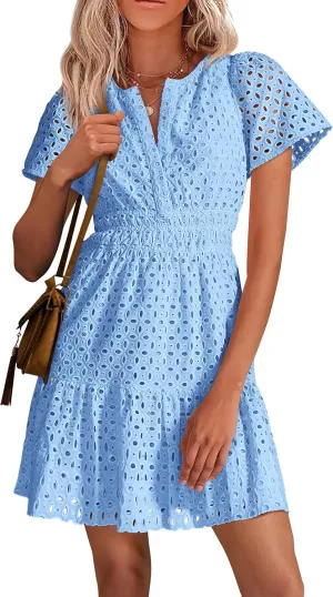 PRETTYGARDEN 2025 Women Summer Short Dress V Neck Short Sleeve A Line Hollow Out Lace Ruffle Cute Casual Beach Party Dresses
