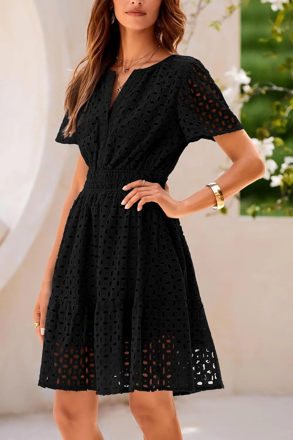 PRETTYGARDEN 2025 Women Summer Short Dress V Neck Short Sleeve A Line Hollow Out Lace Ruffle Cute Casual Beach Party Dresses