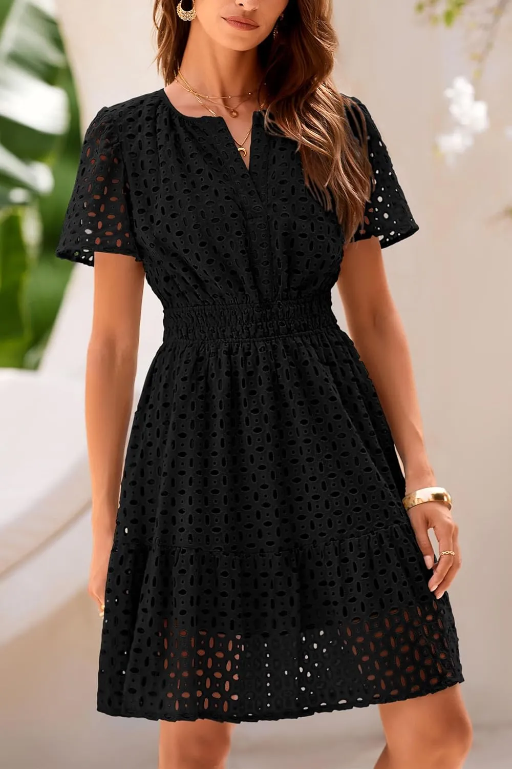 PRETTYGARDEN 2025 Women Summer Short Dress V Neck Short Sleeve A Line Hollow Out Lace Ruffle Cute Casual Beach Party Dresses