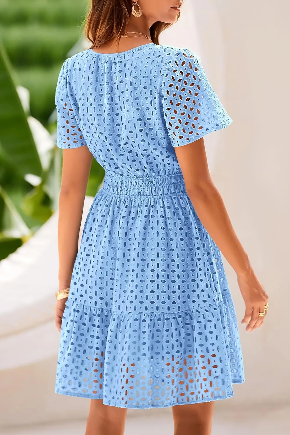 PRETTYGARDEN 2025 Women Summer Short Dress V Neck Short Sleeve A Line Hollow Out Lace Ruffle Cute Casual Beach Party Dresses