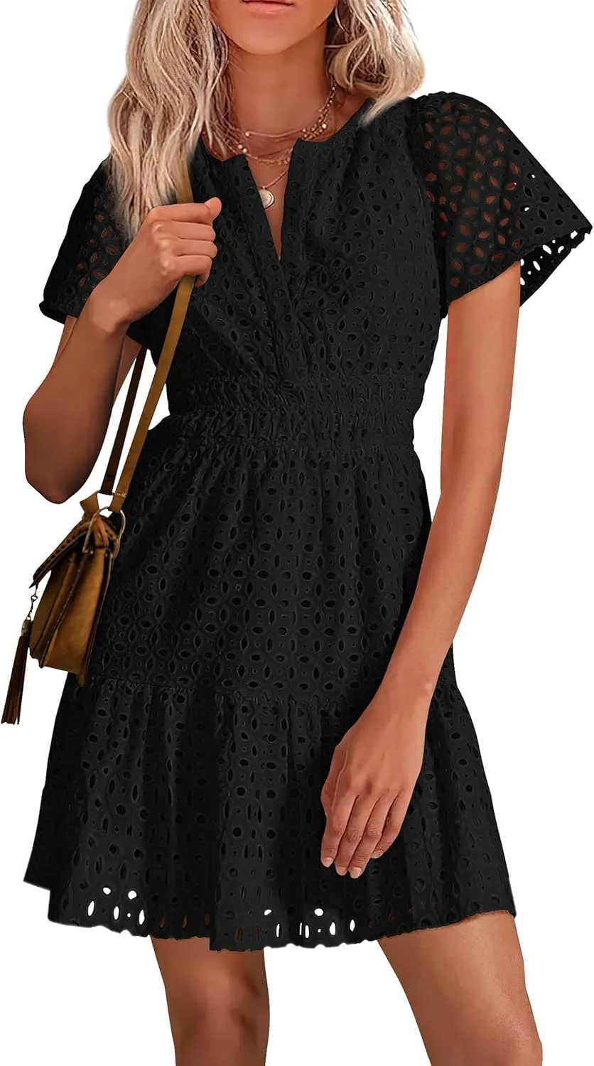 PRETTYGARDEN 2025 Women Summer Short Dress V Neck Short Sleeve A Line Hollow Out Lace Ruffle Cute Casual Beach Party Dresses