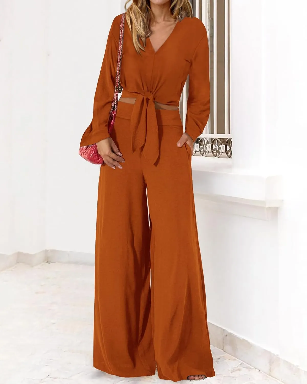 PRETTYGARDEN Women's 2 Piece Outfits 2025 Spring Casual V Neck Long Sleeve Strappy Crop Top Wide Leg Palazzo Pant Sets
