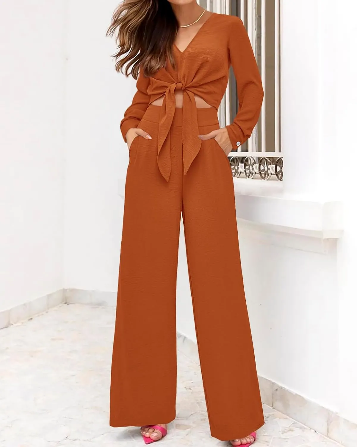 PRETTYGARDEN Women's 2 Piece Outfits 2025 Spring Casual V Neck Long Sleeve Strappy Crop Top Wide Leg Palazzo Pant Sets