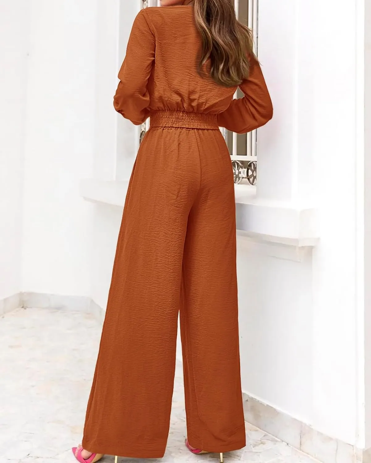PRETTYGARDEN Women's 2 Piece Outfits 2025 Spring Casual V Neck Long Sleeve Strappy Crop Top Wide Leg Palazzo Pant Sets