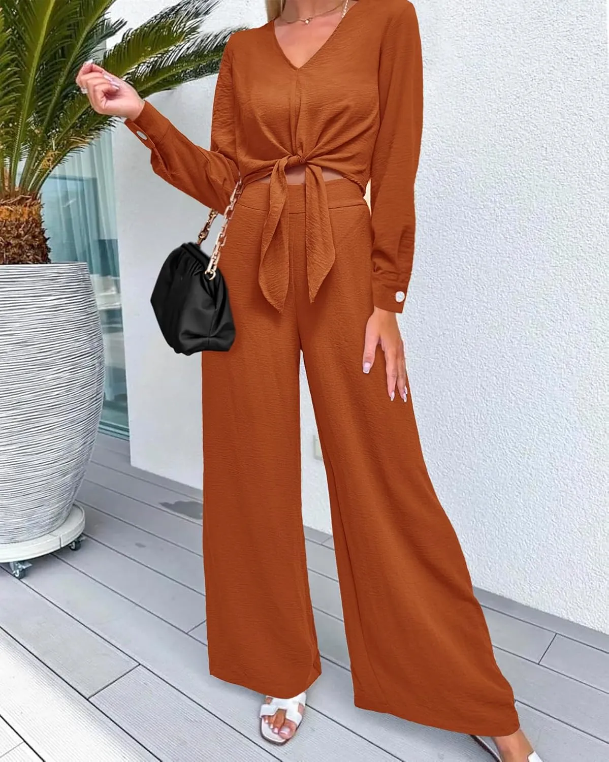 PRETTYGARDEN Women's 2 Piece Outfits 2025 Spring Casual V Neck Long Sleeve Strappy Crop Top Wide Leg Palazzo Pant Sets