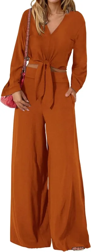 PRETTYGARDEN Women's 2 Piece Outfits 2025 Spring Casual V Neck Long Sleeve Strappy Crop Top Wide Leg Palazzo Pant Sets