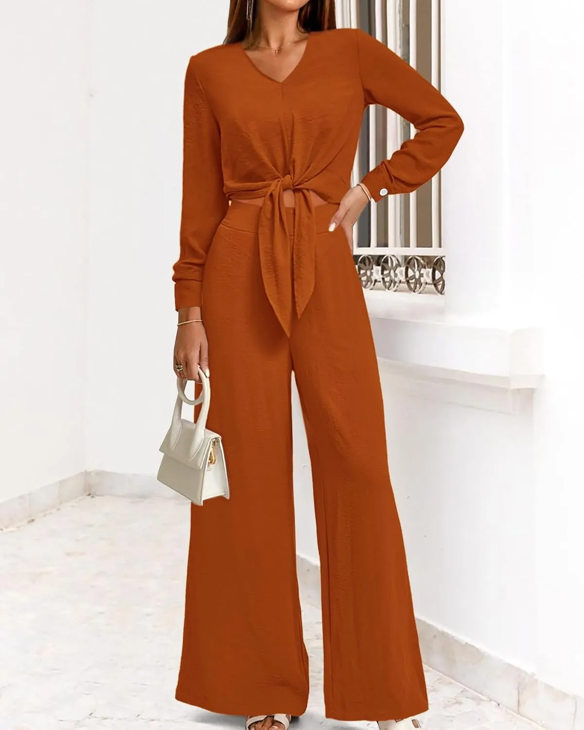 PRETTYGARDEN Women's 2 Piece Outfits 2025 Spring Casual V Neck Long Sleeve Strappy Crop Top Wide Leg Palazzo Pant Sets