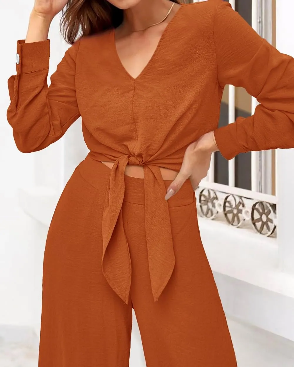 PRETTYGARDEN Women's 2 Piece Outfits 2025 Spring Casual V Neck Long Sleeve Strappy Crop Top Wide Leg Palazzo Pant Sets