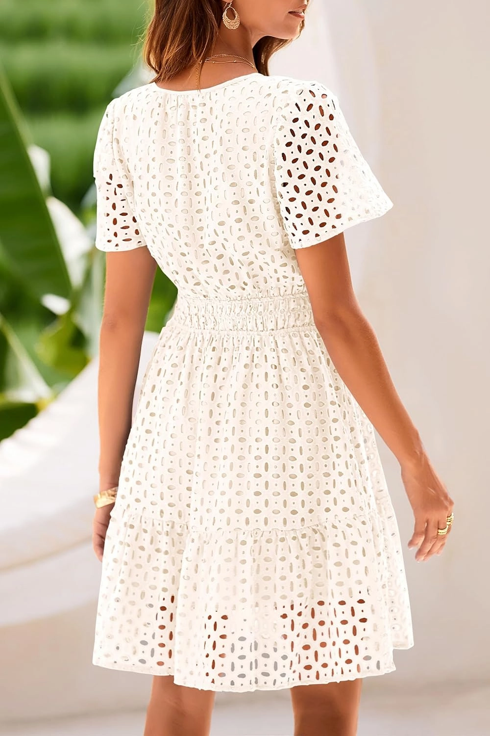 PRETTYGARDEN 2025 Women Summer Short Dress V Neck Short Sleeve A Line Hollow Out Lace Ruffle Cute Casual Beach Party Dresses