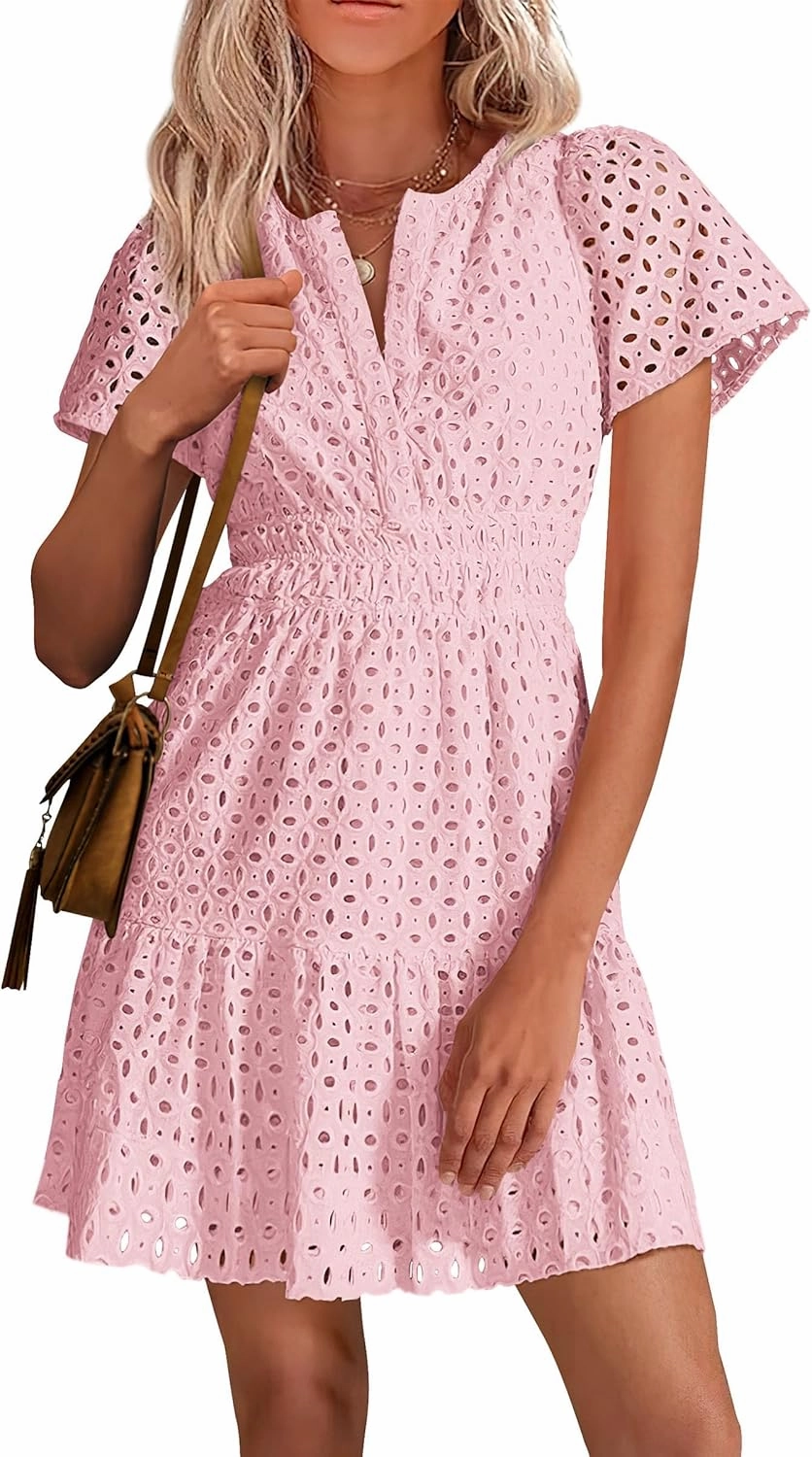 PRETTYGARDEN 2025 Women Summer Short Dress V Neck Short Sleeve A Line Hollow Out Lace Ruffle Cute Casual Beach Party Dresses