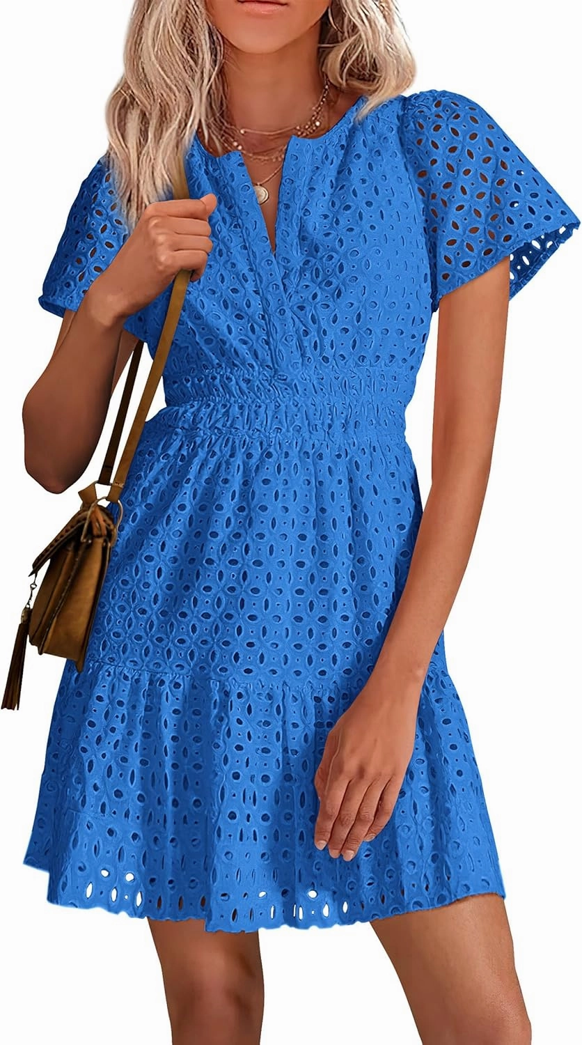 PRETTYGARDEN 2025 Women Summer Short Dress V Neck Short Sleeve A Line Hollow Out Lace Ruffle Cute Casual Beach Party Dresses