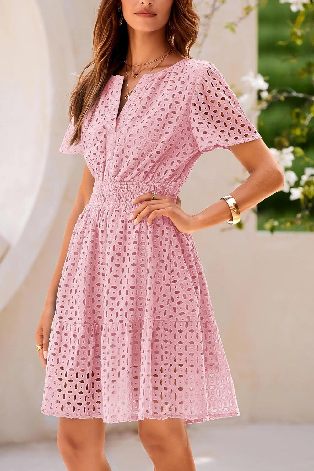 PRETTYGARDEN 2025 Women Summer Short Dress V Neck Short Sleeve A Line Hollow Out Lace Ruffle Cute Casual Beach Party Dresses