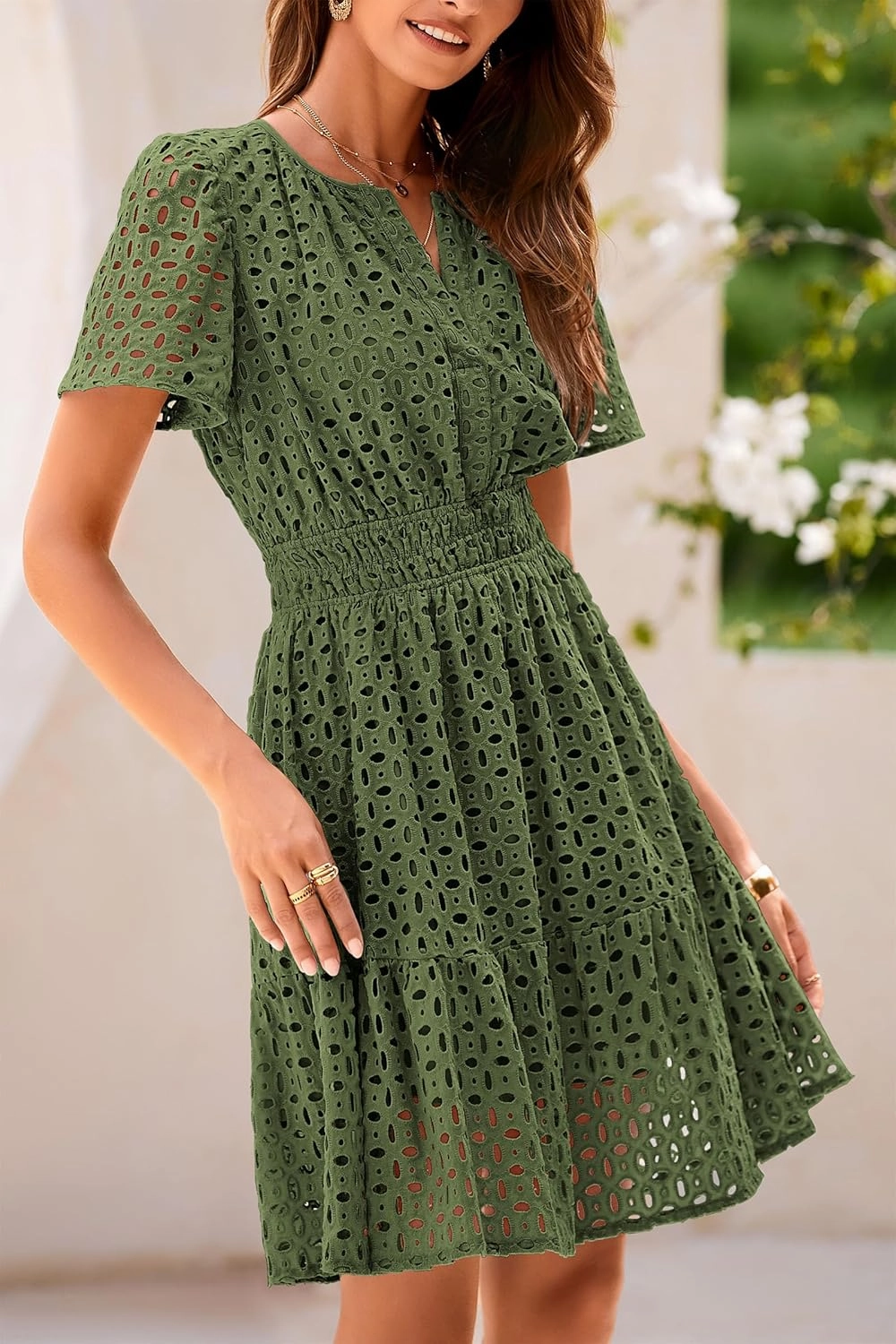 PRETTYGARDEN 2025 Women Summer Short Dress V Neck Short Sleeve A Line Hollow Out Lace Ruffle Cute Casual Beach Party Dresses