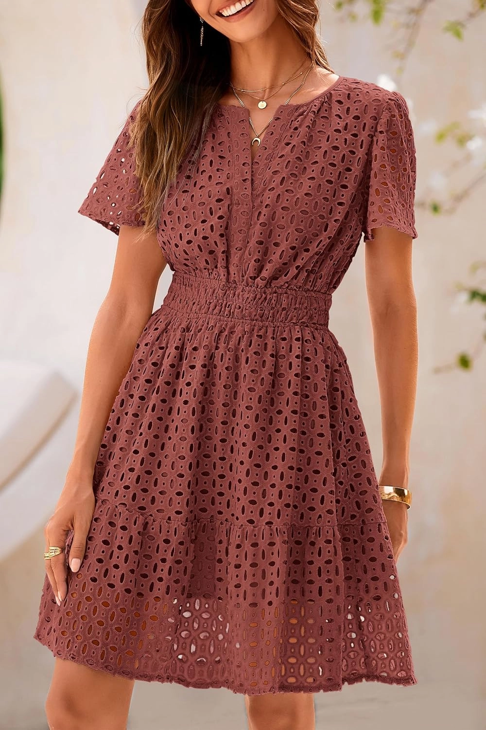 PRETTYGARDEN 2025 Women Summer Short Dress V Neck Short Sleeve A Line Hollow Out Lace Ruffle Cute Casual Beach Party Dresses