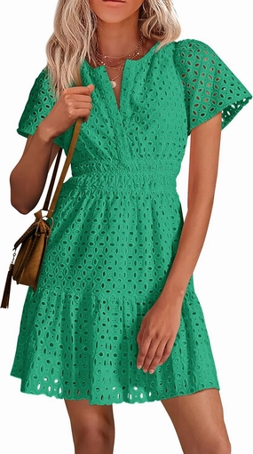 PRETTYGARDEN 2025 Women Summer Short Dress V Neck Short Sleeve A Line Hollow Out Lace Ruffle Cute Casual Beach Party Dresses