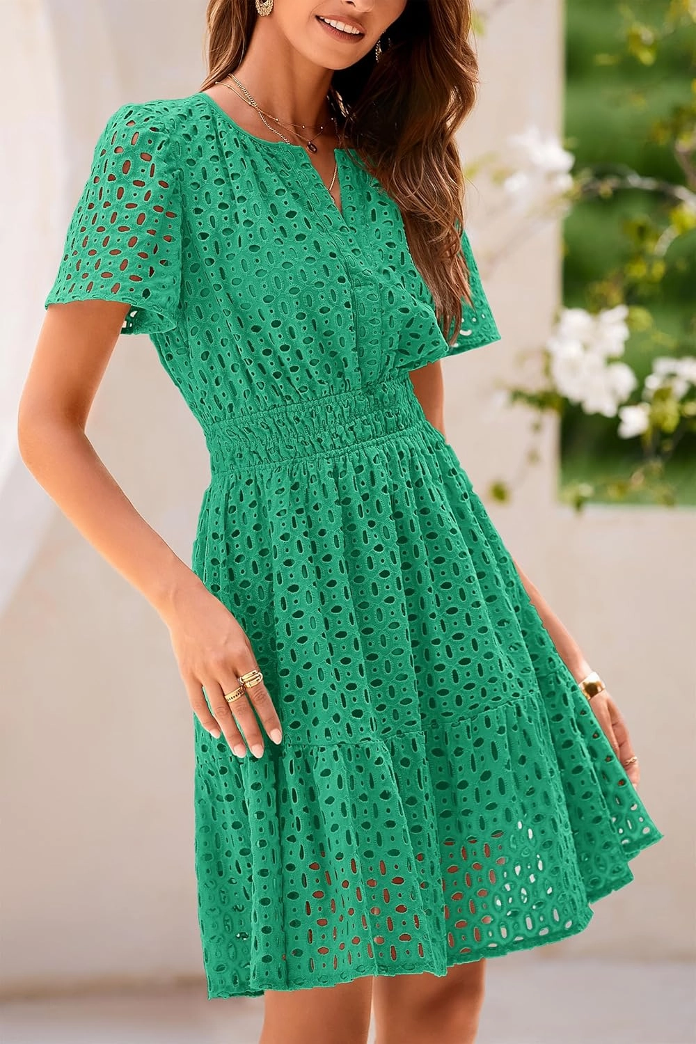 PRETTYGARDEN 2025 Women Summer Short Dress V Neck Short Sleeve A Line Hollow Out Lace Ruffle Cute Casual Beach Party Dresses