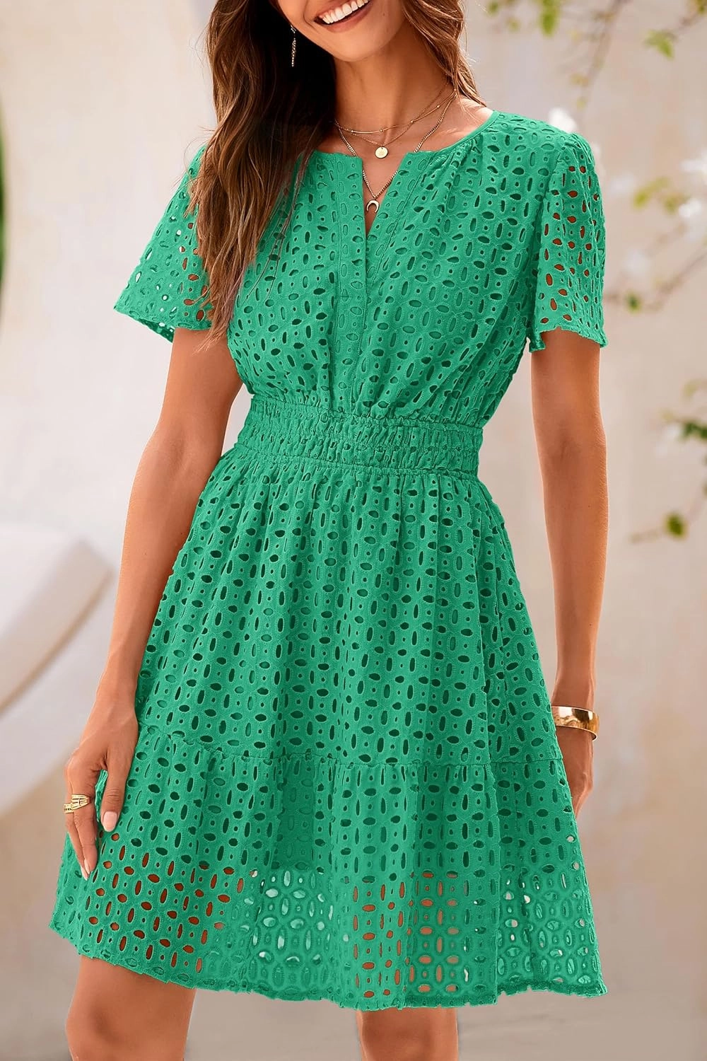 PRETTYGARDEN 2025 Women Summer Short Dress V Neck Short Sleeve A Line Hollow Out Lace Ruffle Cute Casual Beach Party Dresses