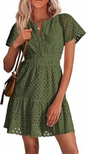 PRETTYGARDEN 2025 Women Summer Short Dress V Neck Short Sleeve A Line Hollow Out Lace Ruffle Cute Casual Beach Party Dresses