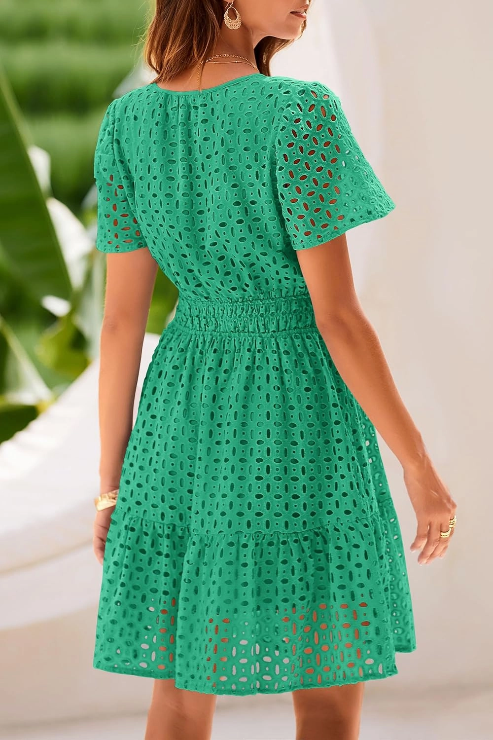 PRETTYGARDEN 2025 Women Summer Short Dress V Neck Short Sleeve A Line Hollow Out Lace Ruffle Cute Casual Beach Party Dresses