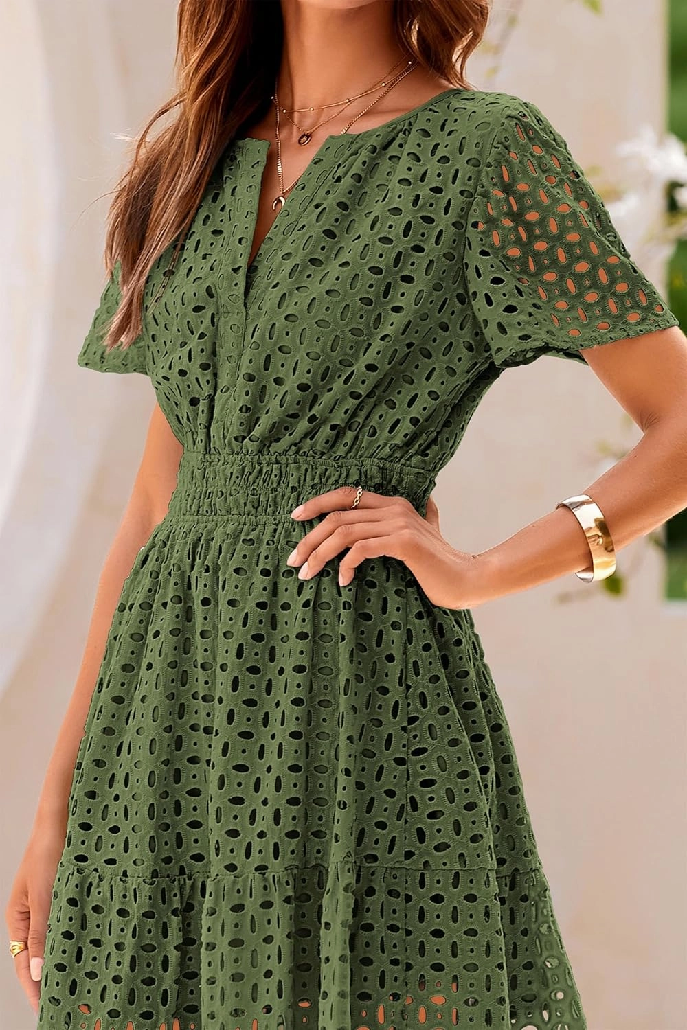 PRETTYGARDEN 2025 Women Summer Short Dress V Neck Short Sleeve A Line Hollow Out Lace Ruffle Cute Casual Beach Party Dresses
