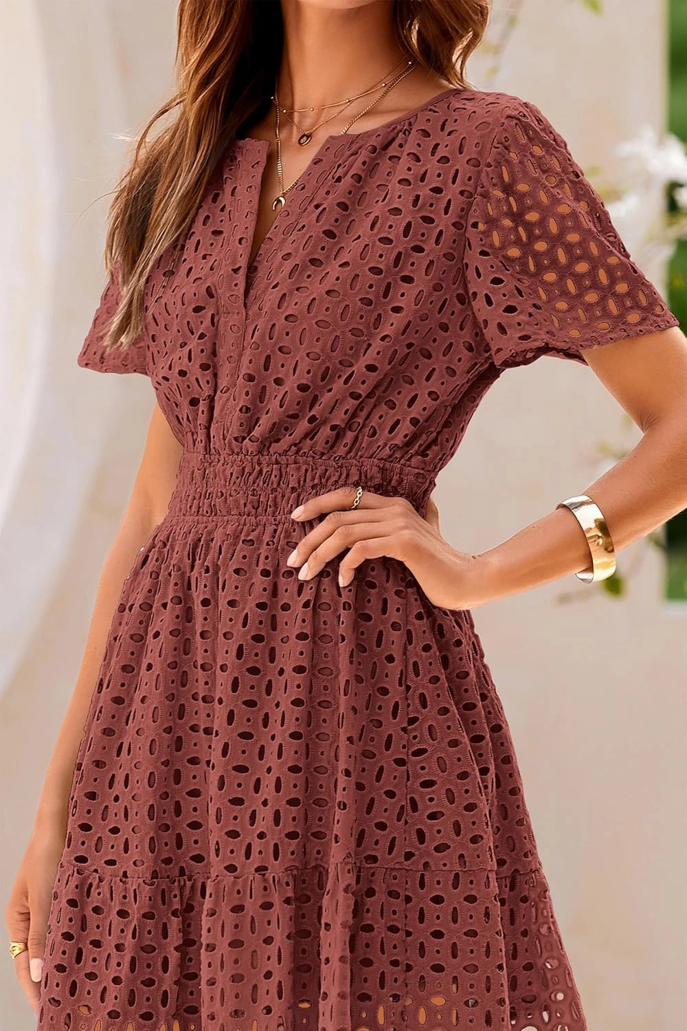 PRETTYGARDEN 2025 Women Summer Short Dress V Neck Short Sleeve A Line Hollow Out Lace Ruffle Cute Casual Beach Party Dresses