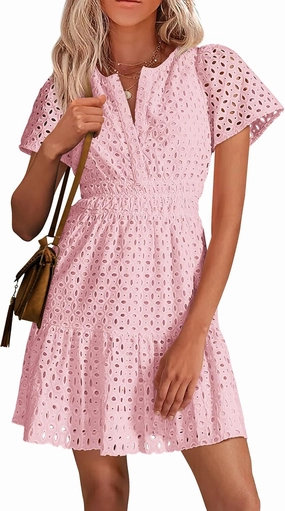 PRETTYGARDEN 2025 Women Summer Short Dress V Neck Short Sleeve A Line Hollow Out Lace Ruffle Cute Casual Beach Party Dresses