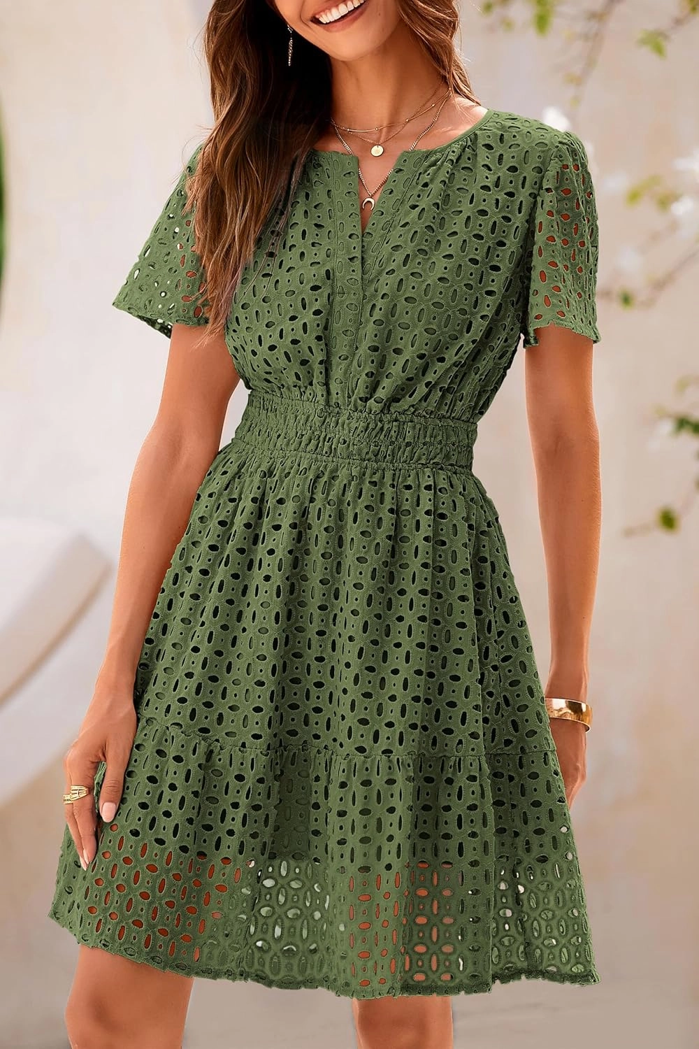 PRETTYGARDEN 2025 Women Summer Short Dress V Neck Short Sleeve A Line Hollow Out Lace Ruffle Cute Casual Beach Party Dresses