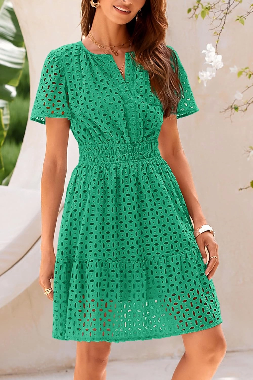 PRETTYGARDEN 2025 Women Summer Short Dress V Neck Short Sleeve A Line Hollow Out Lace Ruffle Cute Casual Beach Party Dresses