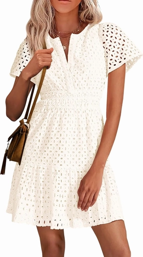 PRETTYGARDEN 2025 Women Summer Short Dress V Neck Short Sleeve A Line Hollow Out Lace Ruffle Cute Casual Beach Party Dresses